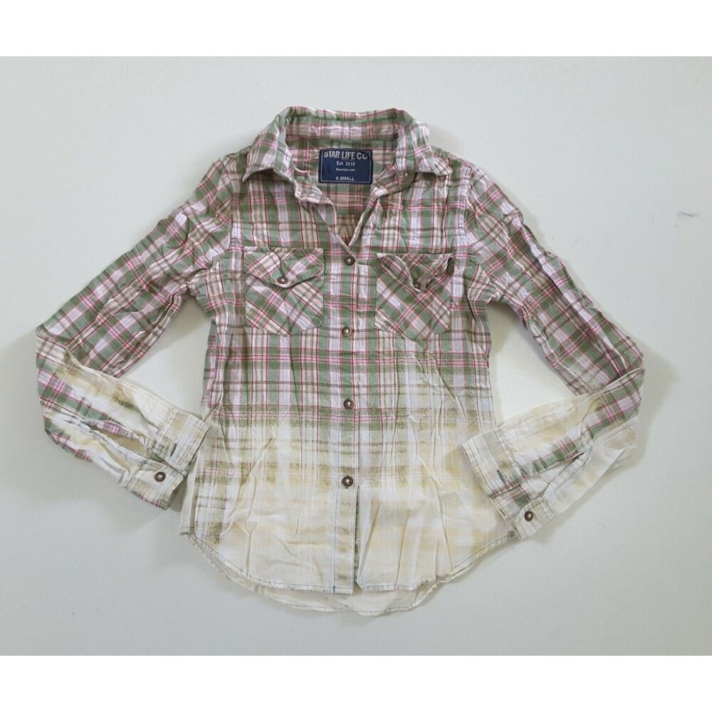 Upcycled Distressed Bleached Hand Dyed Ombre Country Grunge Rockabilly Shirt XS